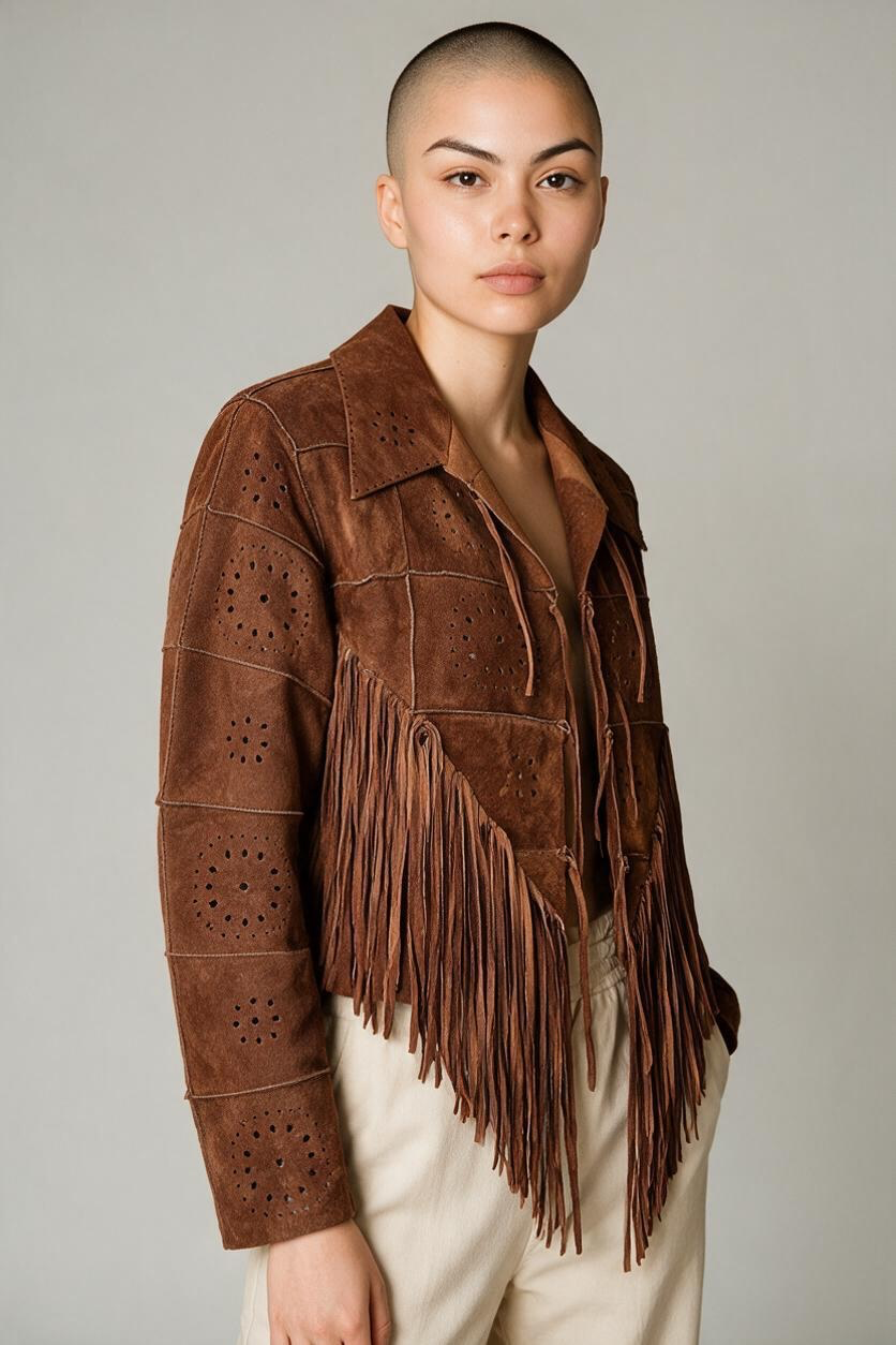 A model with a shaved head wearing a brown suede fringe jacket and cream pants, photographed against a neutral light gray studio background.