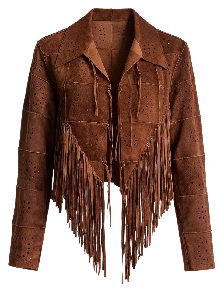 A brown suede fringe jacket with laser-cut details, shown against a plain white background.