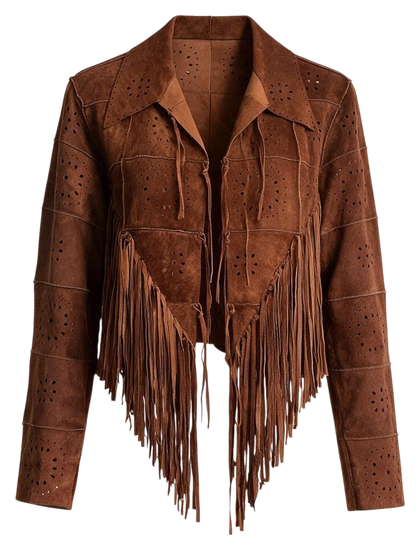 A brown suede fringe jacket with laser-cut details, shown against a plain white background.