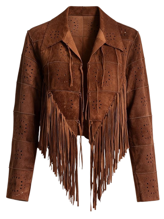 A brown suede fringe jacket with laser-cut details, shown against a plain white background.