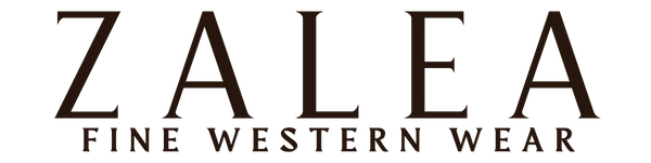 The logo for Zalea Fine Western Wear, featuring the brand name 'ZALEA' in a dark brown serif font with a decorative swoosh on the letter 'Z', and the tagline 'FINE WESTERN WEAR' underneath, all on a solid white background.